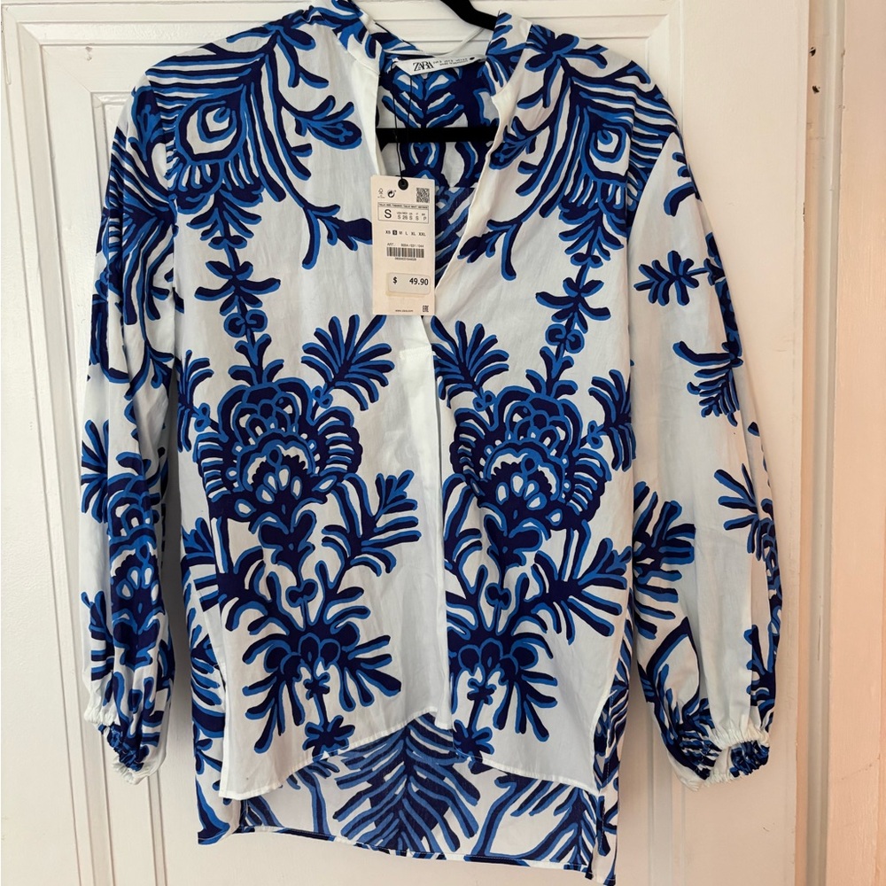 Floral Blue and White Blouse